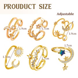 XSDSLS 6 PCS Star Moon Ring Set for Women Knuckle Ring Adjustable Open Ring Cubic Zirconia Finger Ring Star Moon Heart Ring Jewellery Gifts for Women Girls (Gold)