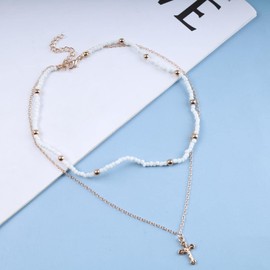 Inateannal Boho Layered Cross Necklace White Sead Bead Choker Necklace Gold Cross Pendant Necklace Vintage Small Beaded Necklace Jewelry for Women and Girls Gifts