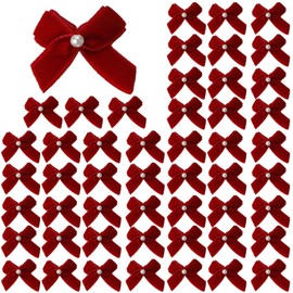 Meseey 60pcs Mini Velevt Ribbon Bows 1 Inch with Pearl Ribbon Flowers Appliques DIY Craft for Sewing, Scrapbooking, Wedding, Gift,Christmas Decoration(Burgundy)