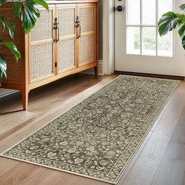 SILOLOOM Vintage Washable 2x5 Rug Runner, Taupe Brown Runners for hallways, Super Soft Kitchen Runner Rug Non Slip, Print Faux Wool Floral Thin Carpet Runner for Entryway Indoor Bedroom