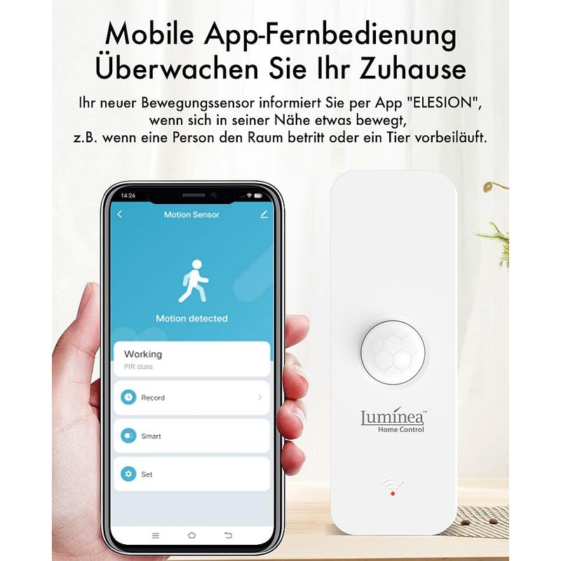 Luminea Home Control Motion Sensor: WiFi Indoor Motion Sensor for