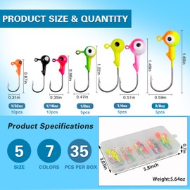 35pcs Fishing Jig Head Hooks Kit Lead Head Round Jig Lure Bait Hooks Bright Color Weight 3/8oz, 1/4oz, 1/8oz, 1/16oz, 1/32oz for Saltwater Freshwater Fishing