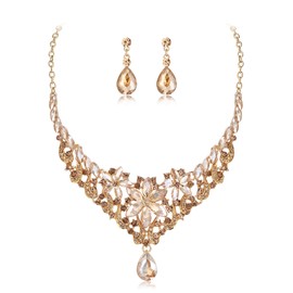 BriLove Wedding Jewelry Set for Bride Women Birdesmaid, Crystal Marquise Teardrop Cluster Statement Necklace Dangle Drop Earrings for Prom Accessories Champagne Gold-Tone