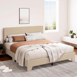 SHA CERLIN Upholstered Full Size Bed Frame with Adjustable Headboard, Stable Mattress Foundation, Strong Back-Support, No Box Spring Needed, Beige