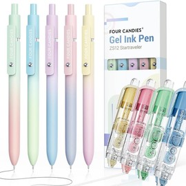 Fourcandies 5pcs Pens Black Ink Gel Pens Medium Point 0.7mm Pen Smooth Writing High-End Series Cute Pens for Journaling Note Taking, Office School Supplies Gifts for Women and Men:_Gradient Color - Black Ink + 4pcs Correction tape_5 Pcs