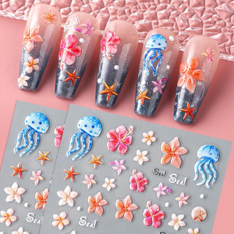 CharmBurst 2 Stück Sommerliche Nagel Sticker mit Blumen, Seesterne, Perlen,