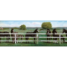 CONCORD WALLCOVERINGS Wallpaper Border Country Pattern Fence Horses for Cottage Farmhouse Living Room, Green Blue Gray, 15 ft by 9 in RU8243B