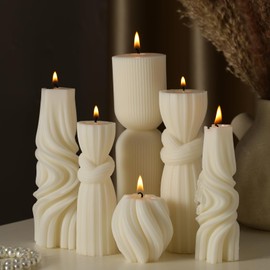 Threlaco 6 Pcs Pillar Candles Modern Aesthetic Ribbed Decorative Candle Set Cute Soy Wax Scented Ribbed Decor for Home(White,2.36-6.89 Inch)