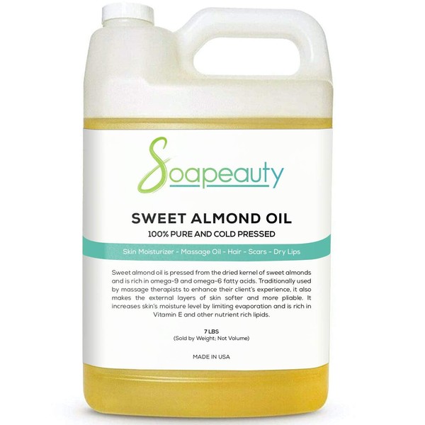 Soapeauty Sweet Almond Oil Cold Pressed Refined | 100% Pure Sweet Almond oil Available in Bulk | Carrier for Essential Oils, Almond oil for Skin, Face, and Hair, Soap Making (7 Lb)