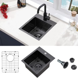 VCCUCINE Gunmetal Black Bar Sink Drop in, 13x15 Inch Topmount RV Small Kitchen Sink, Handmade Stainless Steel Wet Bar Sink, Outdoor Single Bowl Prep Sink with Dish Grid & Drain