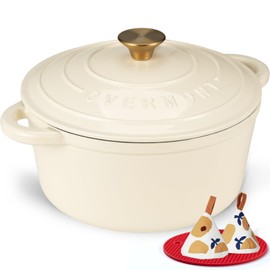 Overmont Enameled Cast Iron Dutch Oven - 5.5QT Pot with Lid Cookbook & Cotton Potholders - Heavy-Duty Cookware for Braising, Stews, Roasting, Bread Baking Cream White