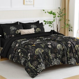 Yiran 7 Piece Black Floral Comforter Set Queen Size, Dandelion Plant Botanical Comforter Bedding Set, Bed in a Bag Queen, Soft Microfiber Complete Bedding Set with Sheets for All Season