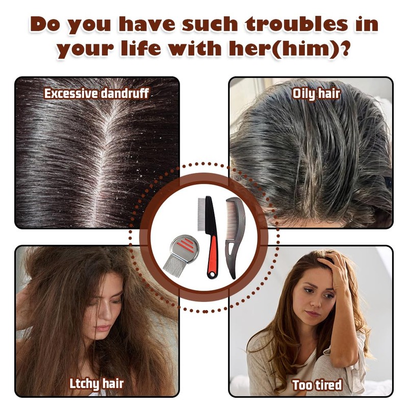 3Pcs Dandruff Comb Set, Stainless Steel Fine Tooth Psoriasis Comb,