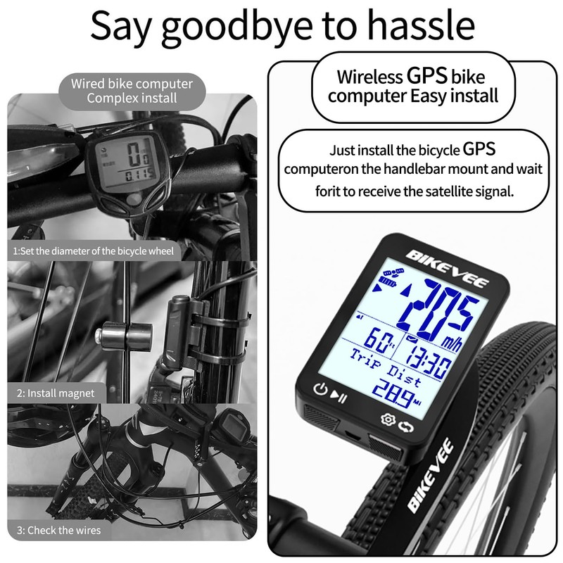 Bikevee Wireless GPS Bike Computer 2.4" Display Altitude Speed Distance