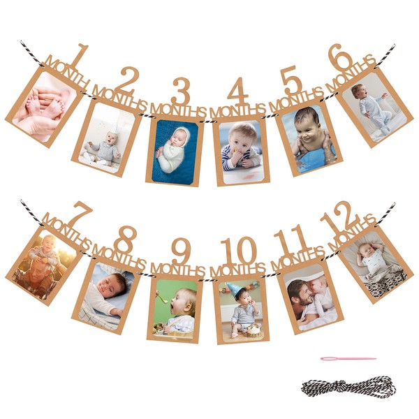 CZ Store® Baby Milestone Garland/Birthday Decoration - 12 Kraft Paper Cards for Monthly Pictures, Includes String & Needle Party Decoration & Accessories