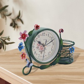 kangten Vintage Table Clock, Metal Table Clocks, Pastoral Quiet Table Clock with Flower Holder, Distressed Design, Iron Clock for Desk, Office, Living Room Decoration