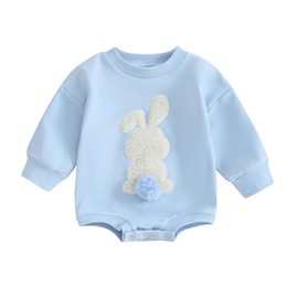 Xeadoffubio Newborn Infant Baby Boy Easter Outfit Baby Boy Girl Romper Bunny Long Sleeve Romper Oversized Sweatshirt Crewneck Cartoon Easter Rabbit Print Baby Romper (Blue3, 12-18 Months)