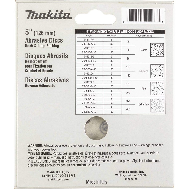 Makita 742137-A 5-Inch 40-Grit Hook and Loop Abrasive Disc, 5-Pack