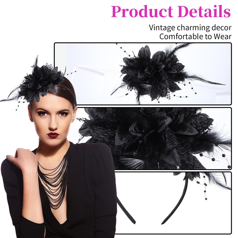 ElevateTech 1920s Feather Fascinators Headband, Queen Flapper Headpiece Vintage Hair