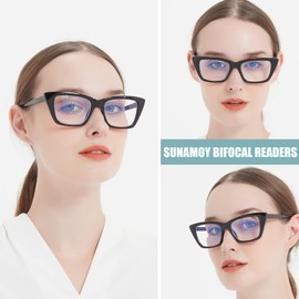 SUNAMOY Bifocal Reading Glasses Women Fashion Cat Eye Blue Light Blocking Computer Readers With Clear Top Unbreakable Stylish Oversized Ladies Sunglasses Large Cateye Eyeglasses Frame 2 Packs + 1.25
