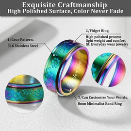 Y2K Colourful Band Rings for Women Men Stainless Steel Rainbow Punk Rings Cute Rings for Adult Size 12
