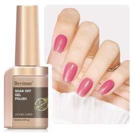 Bevimee Pink Shimmer Gel Nail Polish, Dark Pink Color Holographic Glitter Jelly Gel Polish Soak Off UV Neutral Nail Polish Gel for Valentine's Day Gift Nail Art Salon at Home, 12ML