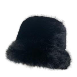 Winter Fluffy Faux Fur Plush Bucket Hat for Women Fuzzy Warm Fisherman Cap Outdoor Thick Winter Hat for Ladies (Black)