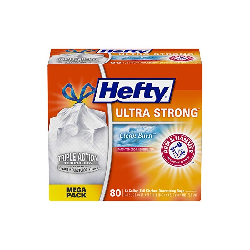Hefty Ultra Strong Tall Kitchen Trash Bags, Clean Burst, 80