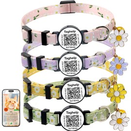 4 Pack Cotton Safe Breakaway Cat Collars with Bell with Smart QR ID Name Tag, Daisy Charm Kitty Kitten Cute Flowers Pendant Cat Collars,QR Code Ideal for Girl Cats Boy Cats/8-13in