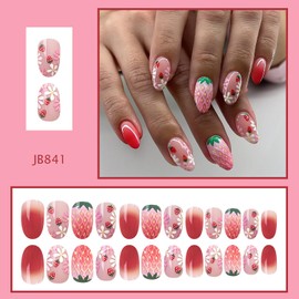 Onsdag Press on Nails Oval Shaped Glossy Full Cover Acrylic French Short False Nails with Designs Artificial Oval Fake Nails with Charms Glue Stick ons Fingernails for Women Girls(JB841)