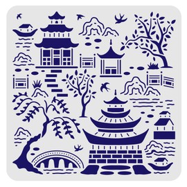 FINGERINSPIRE Secret Garden Toile Drawing Stencil 11.8x11.8inch Reusable Birds Tree Mountains Stencil Buildings Bridge for Painting on Wood, Floor, Furniture, Wall and Paper