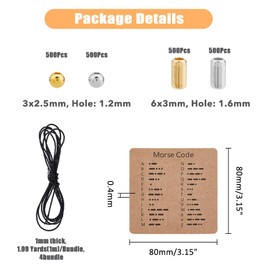 DICOSMETIC 2016Pcs DIY Morse Code Bracelet Bead Kit 4 Styles 2000Pcs Plastic Bead Bulk 4.36 Yards Waxed Cotton Cord 16Pcs Code Decoding Card Adjustable Braided Bracelets Necklaces Kit