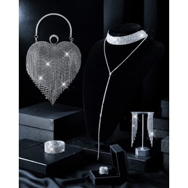 5 Pcs Heart Purse Rhinestone Tassel Evening Clutch Bag Valentine‘s Day Jewelry Set for Women Wedding Dinner (Black)