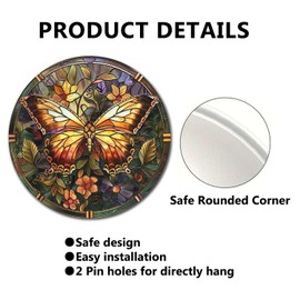 Lygond Metal Sign Tin Sign Circular Stained Glass Butterfly Funny Bathroom Decor for Garage 8×8 Inches