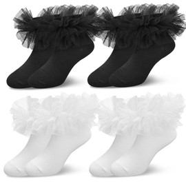 HZHSGLY 4Pairs Girls Frilly Socks, Frilly Socks Kids Cotton Lace Ankle Sock Girls Princess Dance Dress Ballet Sock for Girl Kid (Black+White)