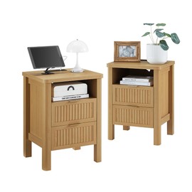 ONBRILL Fluted Night Stand with Charging Station, 23" Modern 2 Drawers End Table, Nightstand Set of 2 with Curved Profile Design, Bed Side Table for Bedroom, Living Room, Natural Oak （2-Pack）