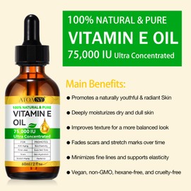 ATOANY Vitamin E Oil 75,000 IU 2 Fl Oz - 100% Pure Vitamin E Oil for Skin, Face, Hair, Body - Natural Antioxidant for Dryness, Wrinkles, Scars & Stretch Marks, Moisturizing and Firming Skin