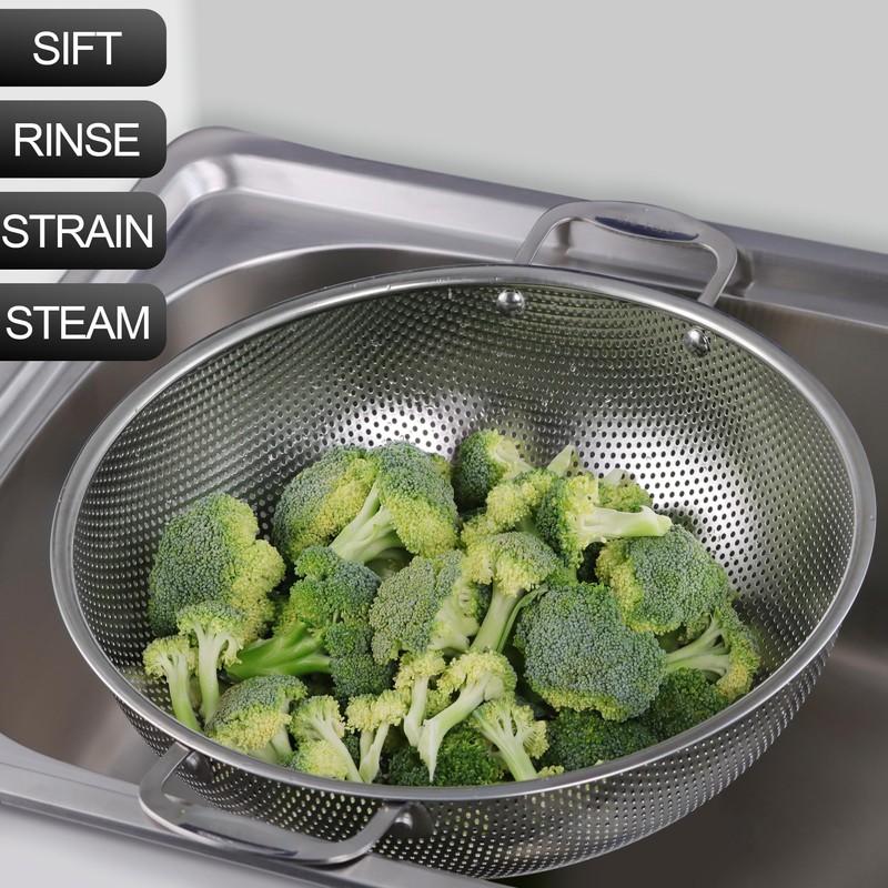 Tiawudi Large 6-Qt Colander, 18/8 Stainless Steel Mesh Strainer for