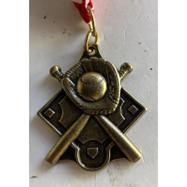 Crown Trophy BASEBALL GOLD MEDAL AWARD 2.25" WITH RED WHITE BLUE RIBBON CAP BAT BALL TBALL