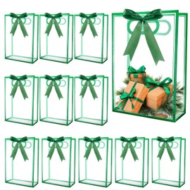 Sel Natural 12 Pcs Clear Gift Bags with Handles 7.1"x10.2"x3.2" Plastic Party Favor Bag with Ribbon Reusable Goodie Bags Transparent Gift Wrap Bag Bulks for Christmas Bridal Wedding Birthday (Green)