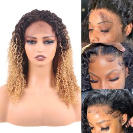 ManeMajesty 18 Inch Kinky Curly Lace Front Wigs Human Hair 180% Density Afro Curly Wigs 13x4 HD 360°Full Lace Ombre Lace Frontal Wig Pre Plucked 12A Glueless Wig for Black Women TT1B/27(Black Blonde)