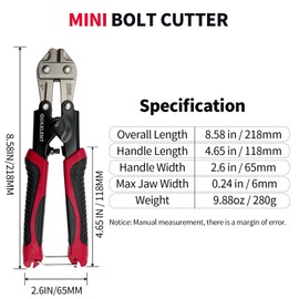 QUAXLENT 8 Inch Mini Bolt Cutter CR-V Blade Heavy Duty Small Wire Cable Cutters Spring Load with Anti-Slip Handle for Cutting Steel Iron Copper Wires (Thickness Less than 3 mm), Red