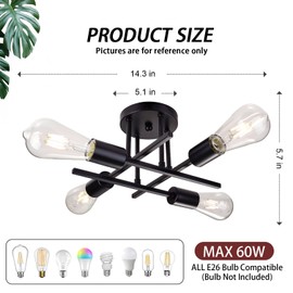 4 Lights Semi Flush Mount Ceiling Light，Mid Century Ceiling Light Fixture，Ceiling Light fixtures,Kitchen Lights Ceiling,Living Room Light Fixture (Black, 4 Lights-1 Pack)