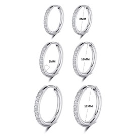 Bo Win 3 Pairs Stainless Steel CZ Cubic Zirconia Diamond Small Silver Hoop Earrings for Women Girls Huggie Hinged Hoop Earrings for Men Boys Set Cartilage Sleeper Hypoallergenic Piercings 8MM-12MM