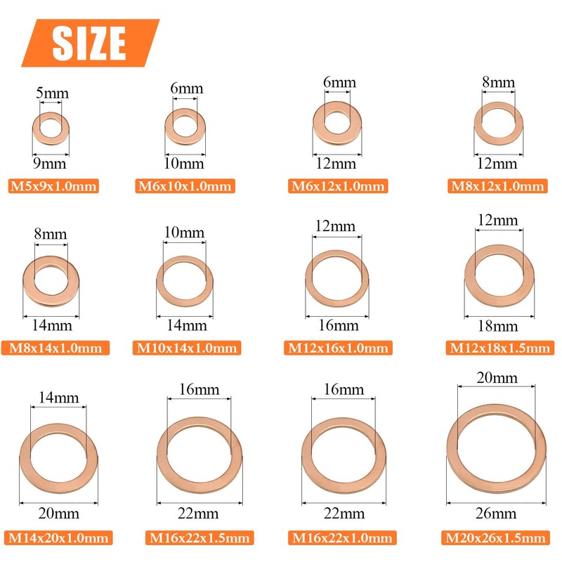 Copper Washer Assortment Set, HELIFOUNER 300 Pieces 12 Sizes Copper