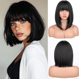 Black Bob Wig With Bangs 14 Inch Short Straight Bob wig for Women Short Bob Wigs Heat Resistant Fiber Synthetic Middle Part Cosplay Costume Party Wigs