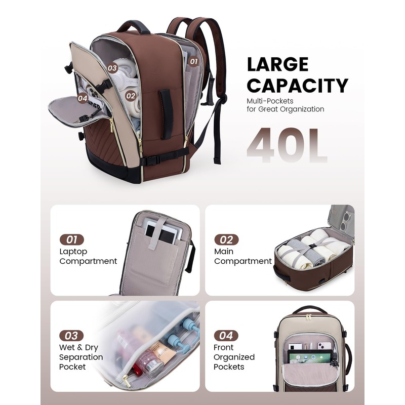 LOVEVOOK Women's Hand Luggage Backpack Large 40L, Dark Coffee Apricot