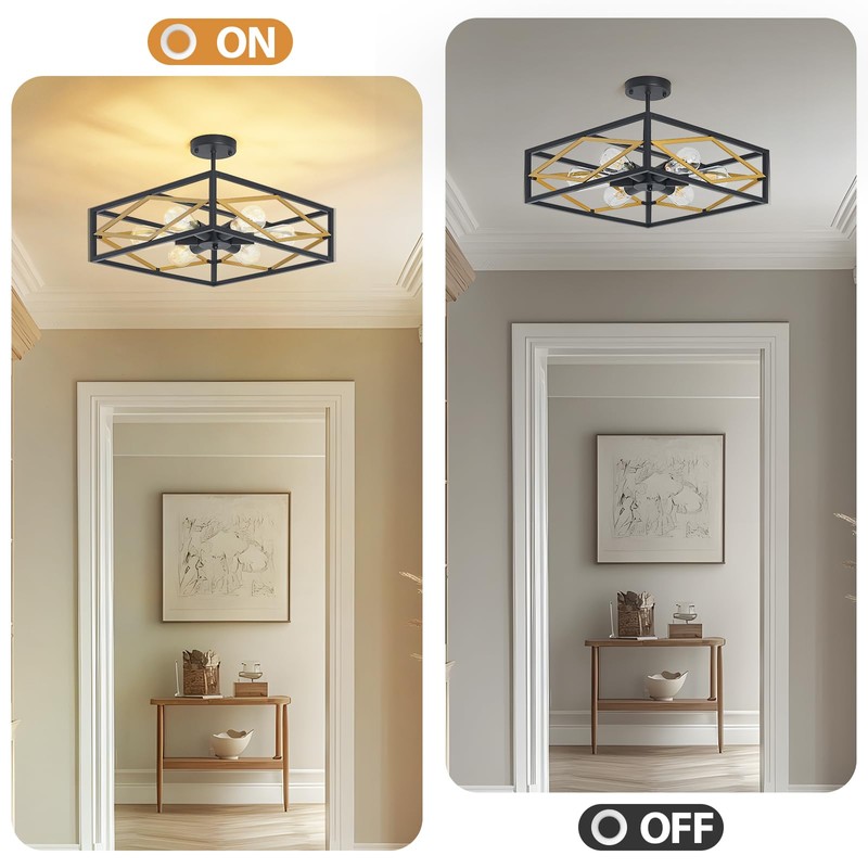 AIBISOD Semi Flush Mount Ceiling Chandelier Light Black and Gold