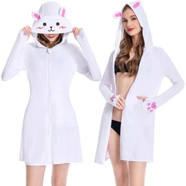 OLAOLA Women's Swimwear Cover Ups UPF 50+ Sun Protection Hoodie Lightweight Long Jacket with Detachable Visor (White Bunny, M)