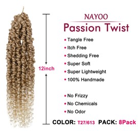 Passion Twist Hair - 8 Packs 12 Inch Passion Twist Crochet Hair For Black Women, Crochet Pretwisted Curly Hair Passion Twists Synthetic Braiding Hair Extensions (12 Inch 8 Packs, T27/613)